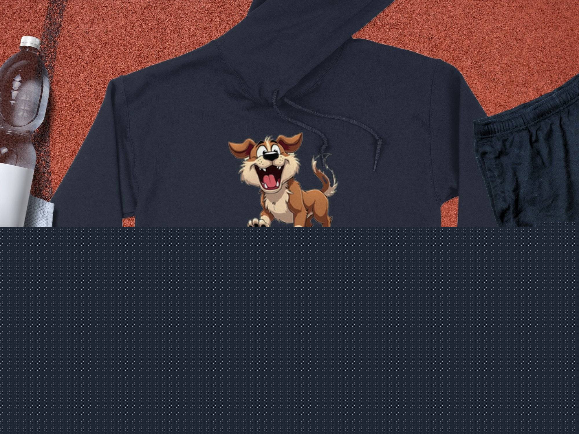 A playful black cartoon puppy hoodie from Garment Graphics rests on a red textured surface, perfect for a fun wardrobe. Nearby are essentials for dog lovers: a water bottle, white towel, black athletic shorts, and an orange basketball.