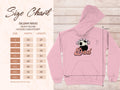 A Garment Graphics size chart shows a pink Gildan 18500 heavy blend hoodie with Soccer Dad and a soccer ball graphic. Sizes range from S to 5XL, with width and length dimensions in inches next to the sweatshirt illustration.