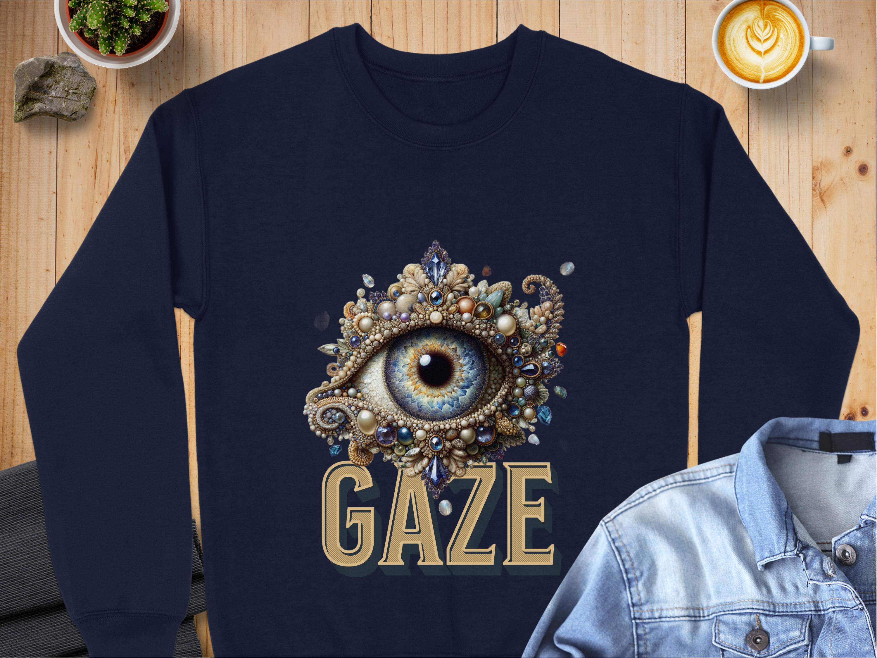 The navy graphic sweatshirt from Garment Graphics features an ornate eye design with GAZE boldly beneath. Unisex sizing ensures a perfect fit for everyone, showcased alongside a coffee cup, denim jacket, and small plants on a wooden surface.