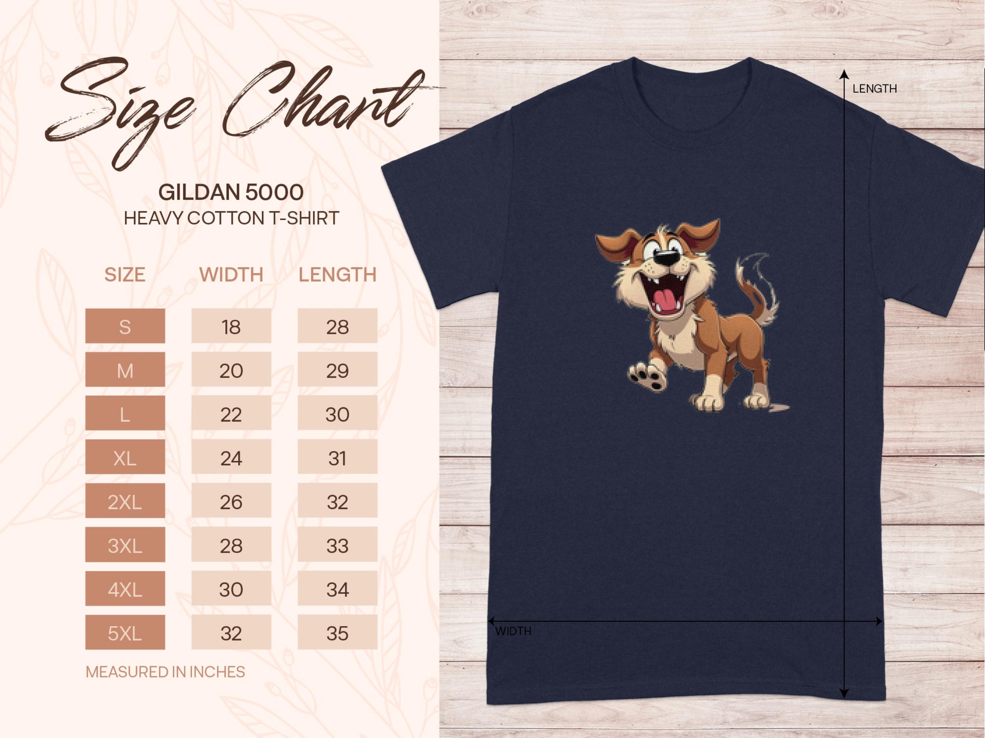 Navy blue T-shirt by Garment Graphics with a cartoon dog graphic, ideal for dog lovers, displayed on a wooden background. Gildan 5000 Heavy Cotton size chart on the left shows sizes S to 5XL with width and length measurements in inches.