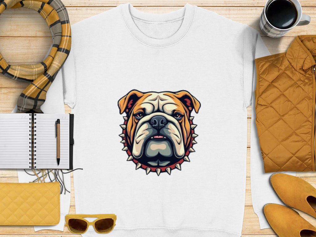 A Garment Graphics white sweatshirt featuring a cartoon bulldog in a spiked collar rests on wood. Nearby are a yellow purse, sunglasses, a notebook with pen, unisex tags, scarf, jacket, and coffee cup.