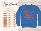 Image shows size chart for a blue crewneck Born to Play, Young Squad, Football sweatshirt by Garment Graphics. Unisex sizes S to 5XL listed on the left with width and length details. The Gildan 18000 Heavy Blend is ideal for young aspiring footballers.