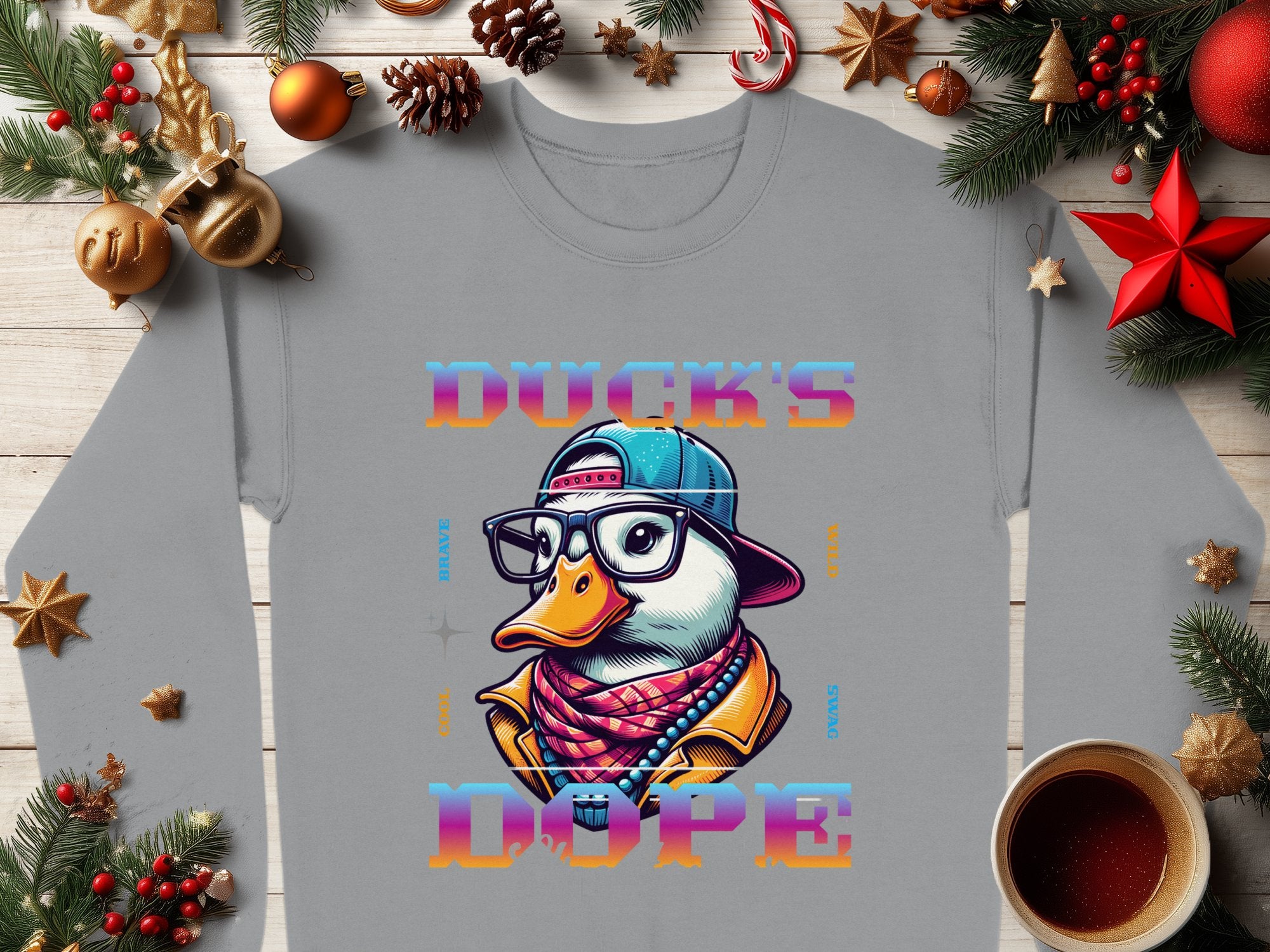 A medium-heavy gray sweatshirt from Garment Graphics showcases a duck illustration in glasses, a blue cap, and scarf with DUCKS DOPE text. Its displayed on wood with holiday décor and coffee.