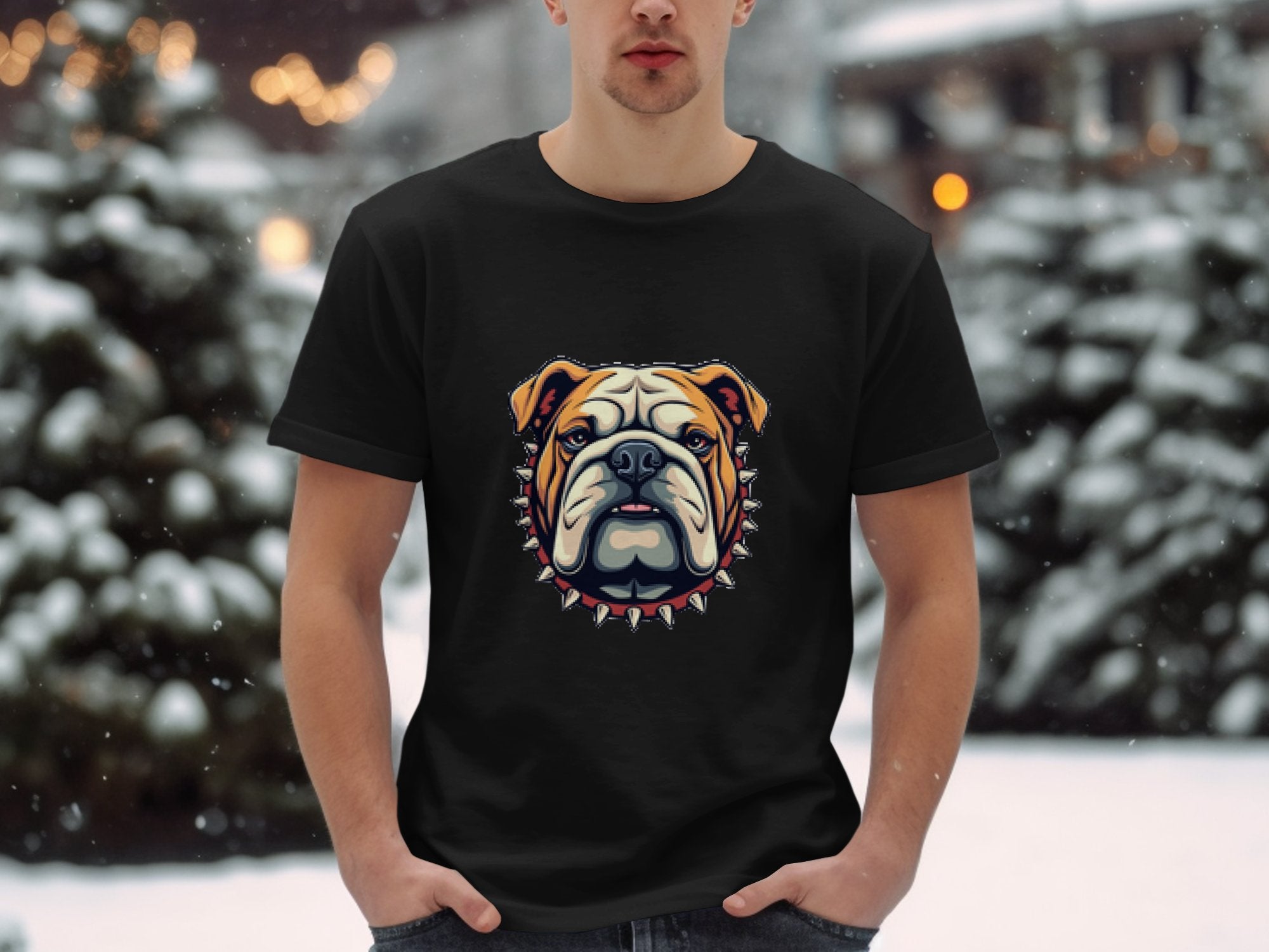 Outdoors in a snowy scene, an individual sports a Garment Graphics T-shirt showcasing a striking bulldog design with a spiked collar. Hands in pockets, they stand amidst snow-laden trees and blurred lights.