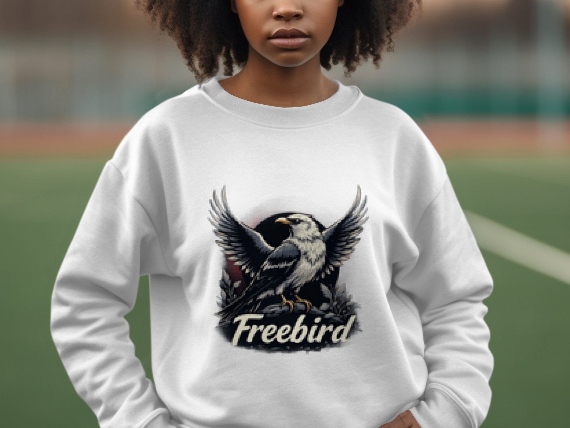 A person wearing a white Garment Graphics Freebird Graphic Sweatshirt, showcasing an eagle with spread wings and Freebird printed below for an added touch of freedom. The unisex sizing fits seamlessly against a blurred outdoor backdrop.