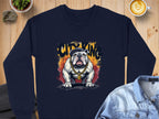 A Garment Graphics navy blue sweatshirt features a bulldog with a gold chain and CITY KING above, set against orange flames. It is displayed on wood beside a denim jacket and latte.