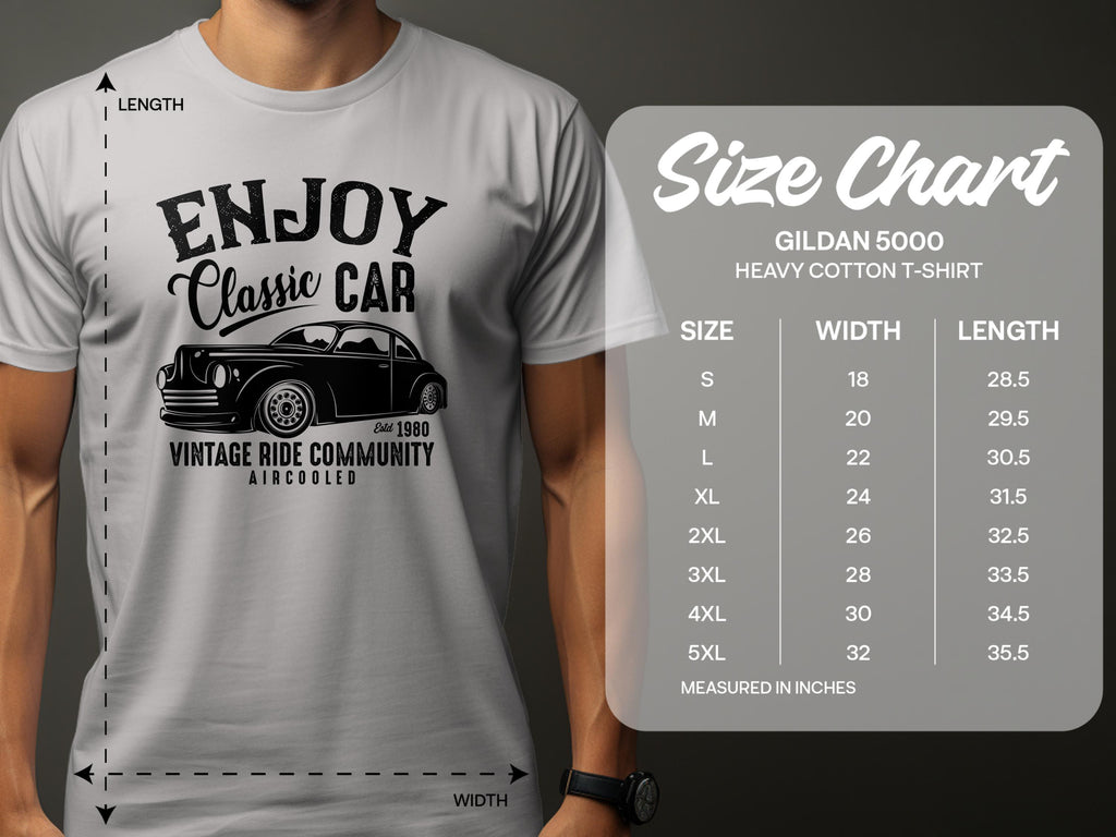 A person sports a light gray Garment Graphics T-shirt showcasing a vintage ride and ENJOY Classic Car, ideal for car lovers. Beside them is the Gildan 5000 size chart, detailing sizes S to 3XL with measurements.