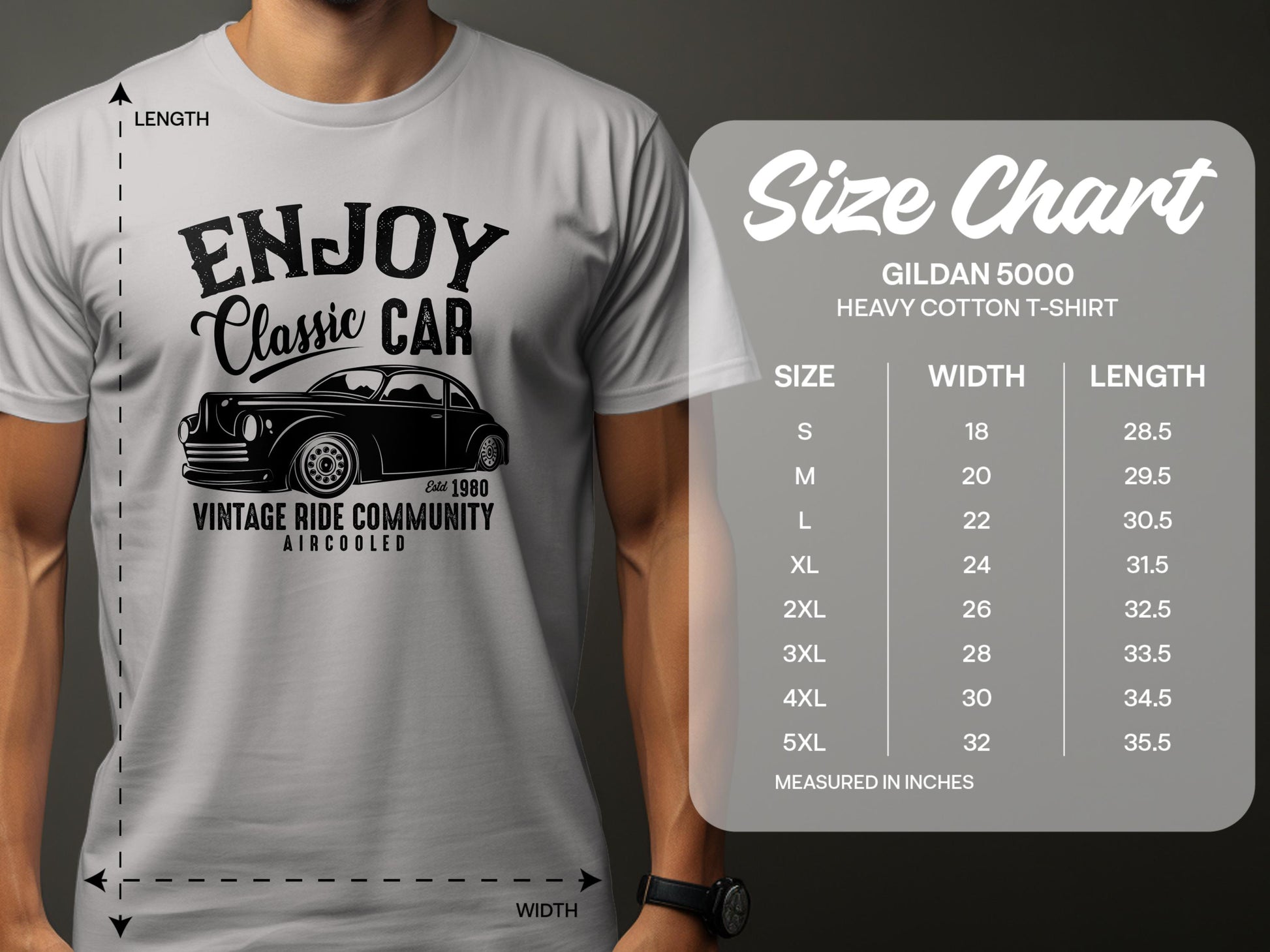 A person sports a light gray Garment Graphics T-shirt showcasing a vintage ride and ENJOY Classic Car, ideal for car lovers. Beside them is the Gildan 5000 size chart, detailing sizes S to 3XL with measurements.