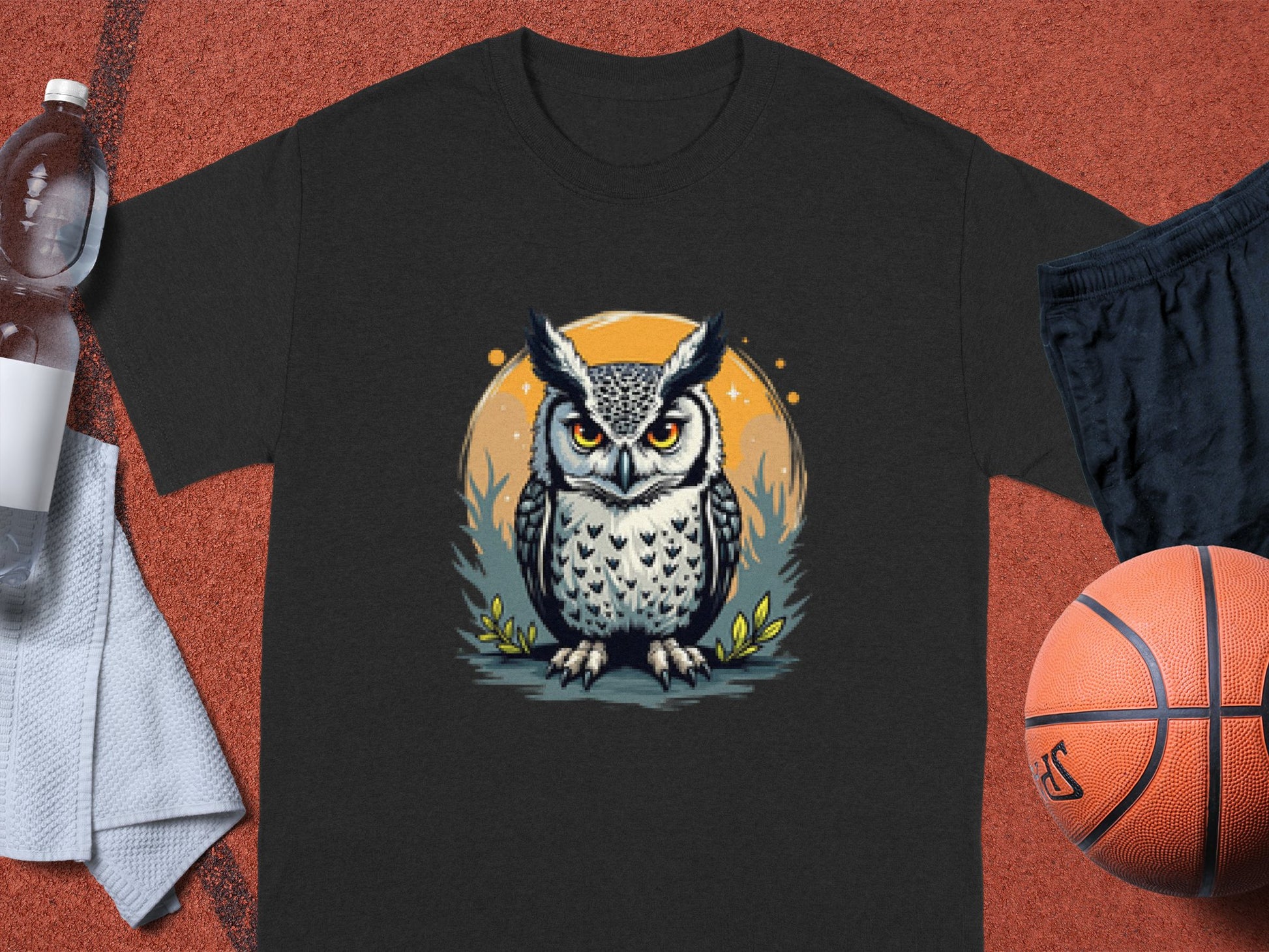 Garment Graphics black T-shirt features a stern owl graphic standing on grass against an orange circular background. Perfect for sporty vibes, its styled with a water bottle, towel, black athletic shorts, and a basketball on a flat surface.