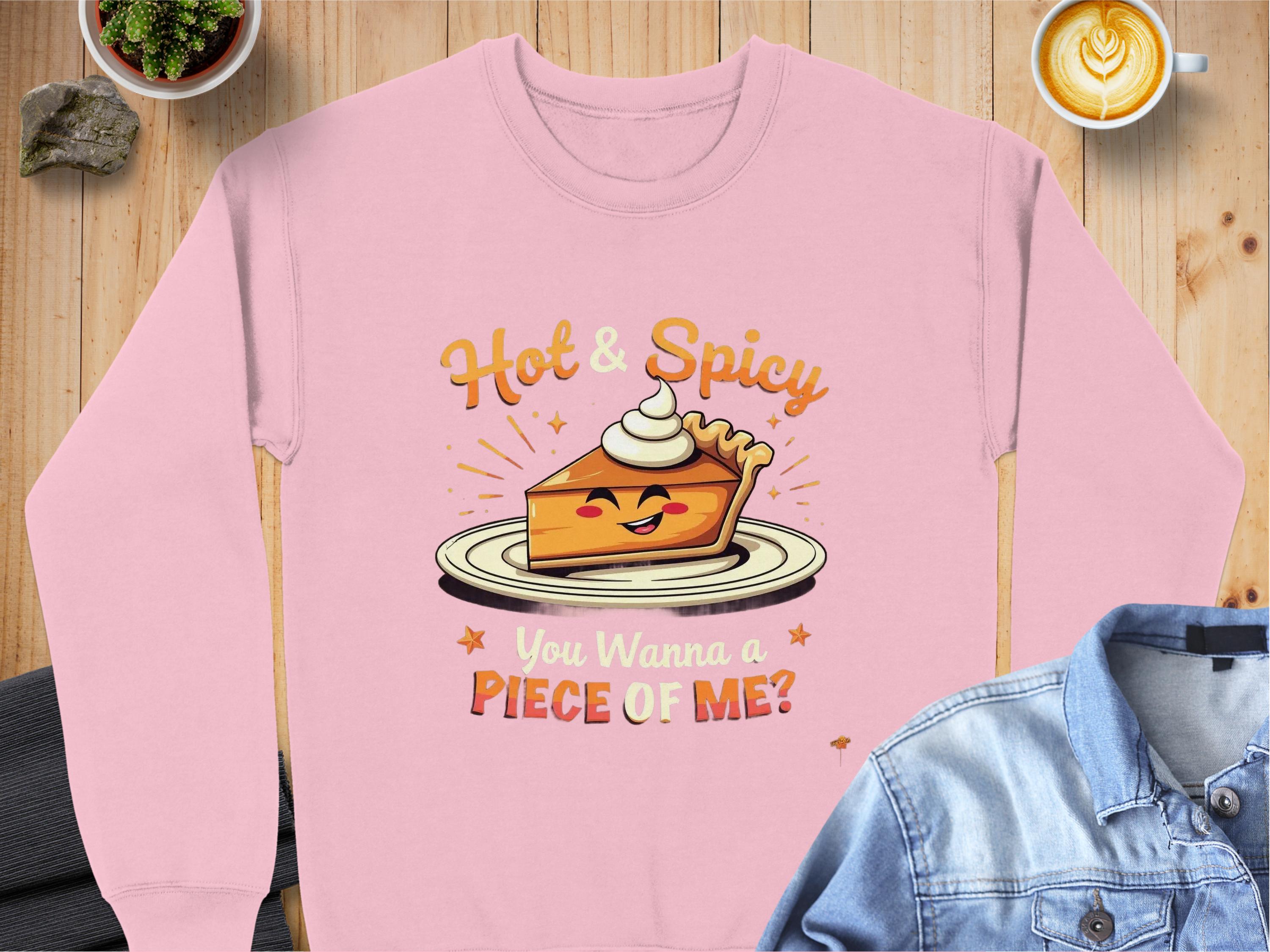 Garment Graphics offers a light pink unisex sweatshirt featuring a cheerful pie character with whipped cream, smiling and winking. The text Hot & Spicy, You Wanna a PIECE OF ME? adds humor. Photographed on a wooden table alongside a latte and denim jacket for whimsical appeal.