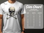 A person sports a white graphic T-shirt by Garment Graphics, featuring a skull and crossbones design—a bold fashion statement. Next to it is a Gildan 5000 heavy cotton T-shirt size chart for sizes S to 5XL, detailing width and length in inches.