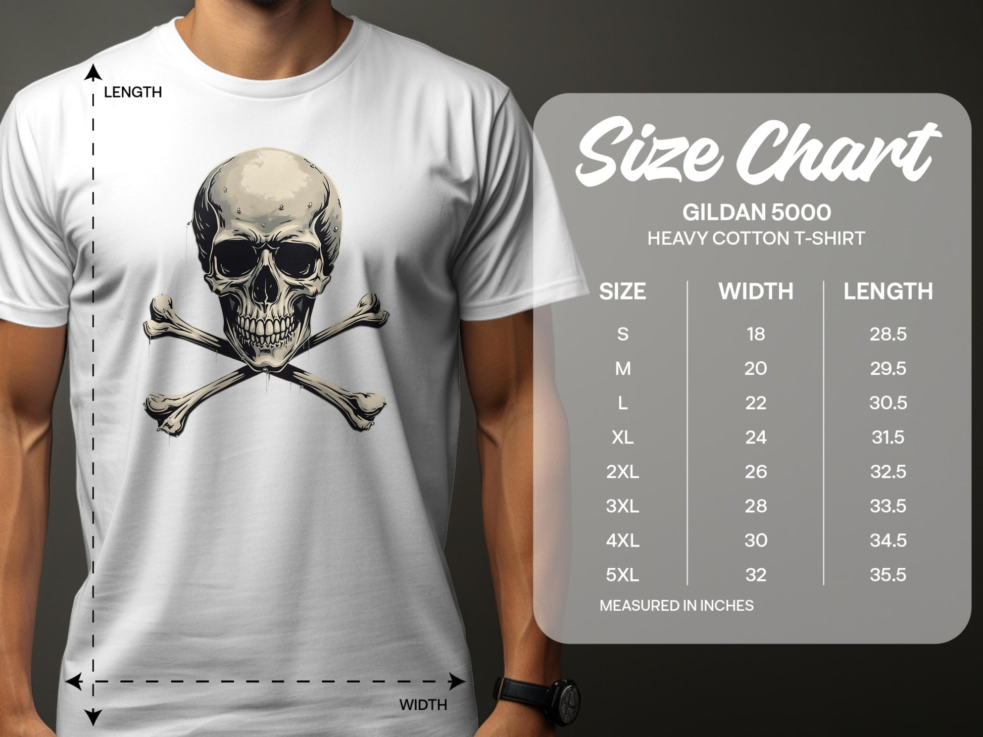 A person sports a white graphic T-shirt by Garment Graphics, featuring a skull and crossbones design—a bold fashion statement. Next to it is a Gildan 5000 heavy cotton T-shirt size chart for sizes S to 5XL, detailing width and length in inches.