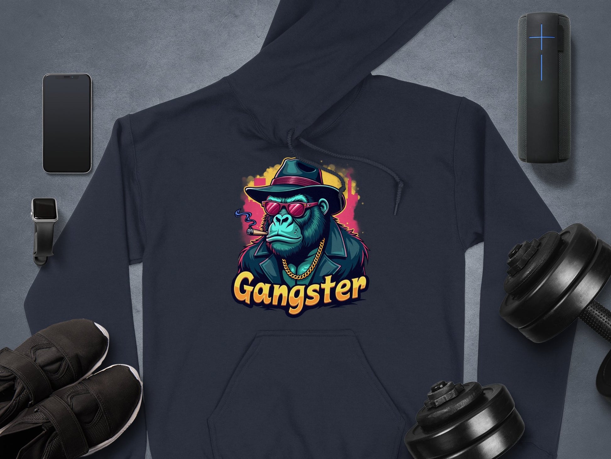 This hipster urban hoodie by Garment Graphics features a cartoon gorilla dressed as a gangster, complete with sunglasses and hat. Gangster is boldly displayed underneath. Perfectly pairs with your smartphone, smartwatch, and shoes for an effortlessly cool look.