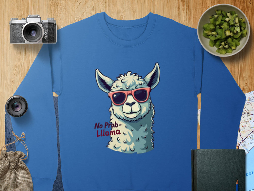 A blue Garment Graphics No Prob-Llama sweatshirt, featuring a llama in red sunglasses, is displayed on a wooden surface among a camera, lens, small bag, kiwi bowl, book, and map. It offers unisex sizing.