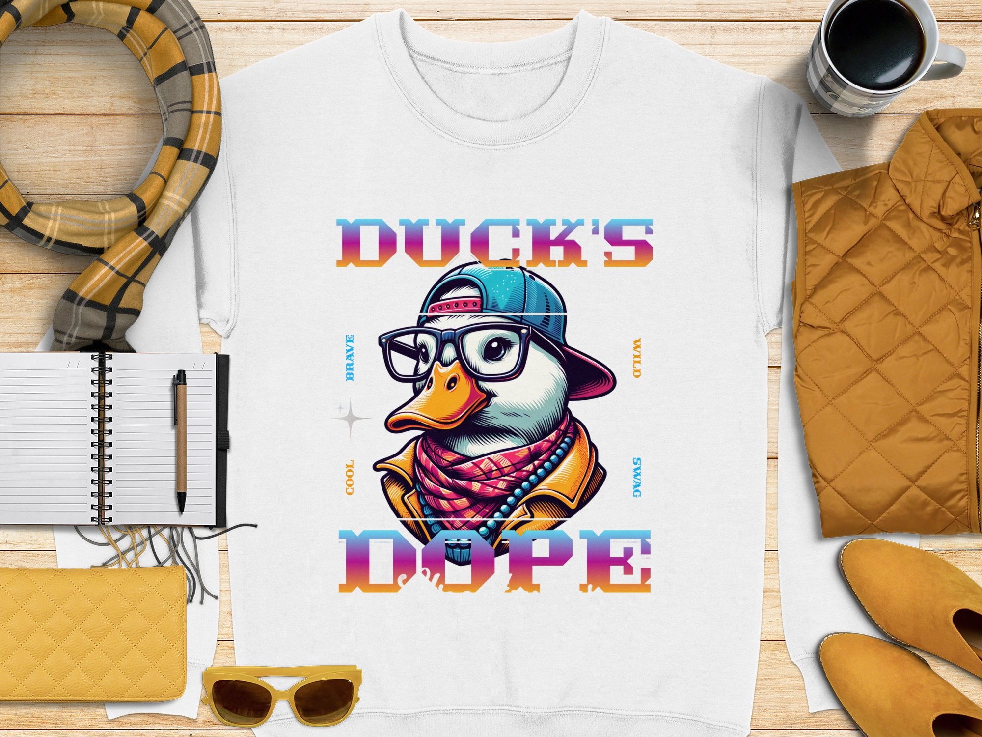 Make a bold fashion statement with Garment Graphics t-shirt featuring a cartoon duck wearing glasses, headphones, and a hat. The words DUCKS DOPE are surrounded by wood accents, a scarf, notebook, pen, coffee cup, quilted jacket, and yellow wallet and sunglasses.