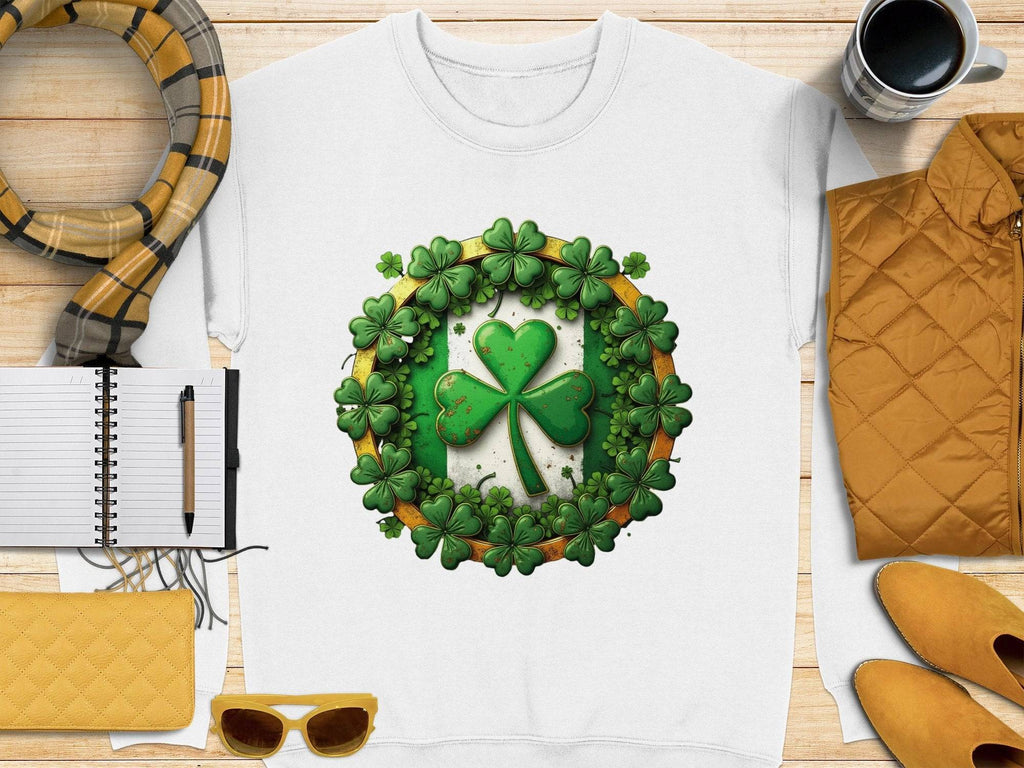 A white Garment Graphics T-shirt with a Lucky Four Leaf Clover design and clovers lies on a wooden surface, accompanied by a notebook and pen, plaid scarf, cup, mustard jacket, quilted bag, and sunglasses.