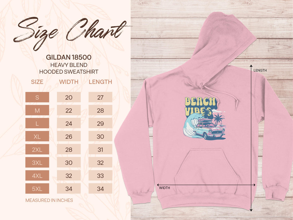 The Garment Graphics size chart details the pink heavy blend hoodie adorned with a Beach Vibes wave and car graphic, available in sizes S to 5XL. Measurements in inches for width and length are provided per size.