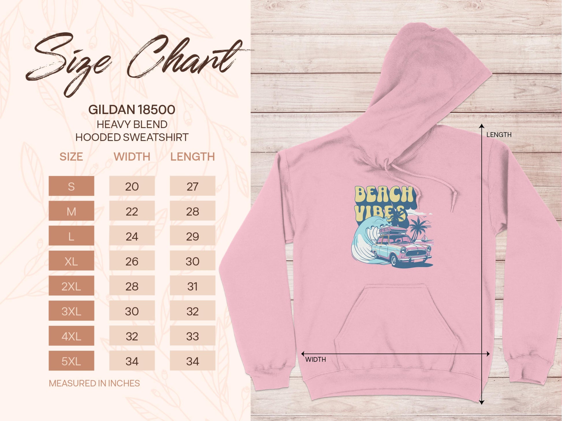 The Garment Graphics size chart details the pink heavy blend hoodie adorned with a Beach Vibes wave and car graphic, available in sizes S to 5XL. Measurements in inches for width and length are provided per size.