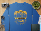 Garment Graphics offers a blue sweatshirt with a humorous gold graphic: If he’s got golf clubs in his truck or a camper in his driveway, I don’t hire him, surrounded by a camera, lens, cucumber slices, drawstring pouch, map, and notebook on wood.