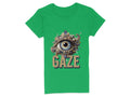 The Garment Graphics Gaze Graphic T-Shirt in green displays an eye design with decorative patterns and pearl-like details, featuring GAZE in a stylized font. Designed artistically, its available in womens sizes for a perfect fit.