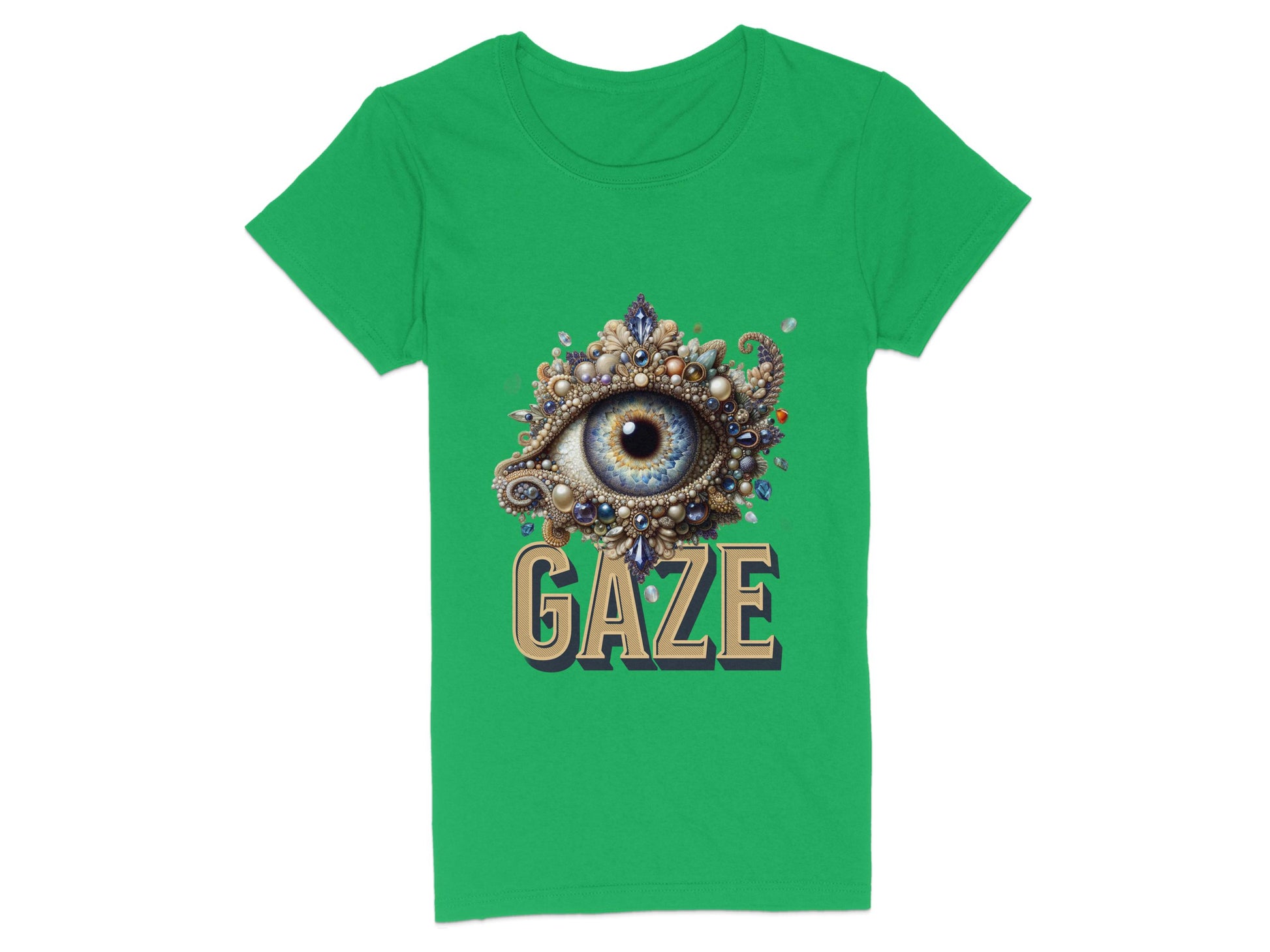 The Garment Graphics Gaze Graphic T-Shirt in green displays an eye design with decorative patterns and pearl-like details, featuring GAZE in a stylized font. Designed artistically, its available in womens sizes for a perfect fit.