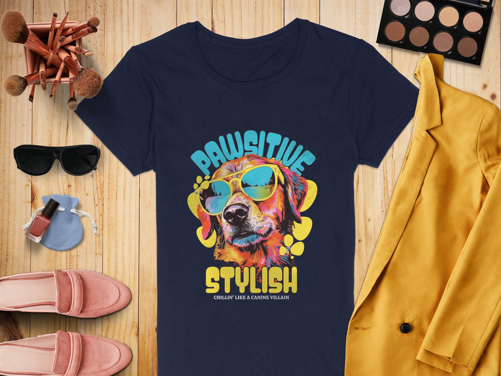 Flat lay featuring Garment Graphics navy dog t-shirt with Pawsitive Stylish print and a colorful pup in sunglasses, surrounded by makeup brushes, an eyeshadow palette, perfume, pink shoes, a yellow blazer, and additional sunglasses on a wooden surface—ideal for womens sizing!.