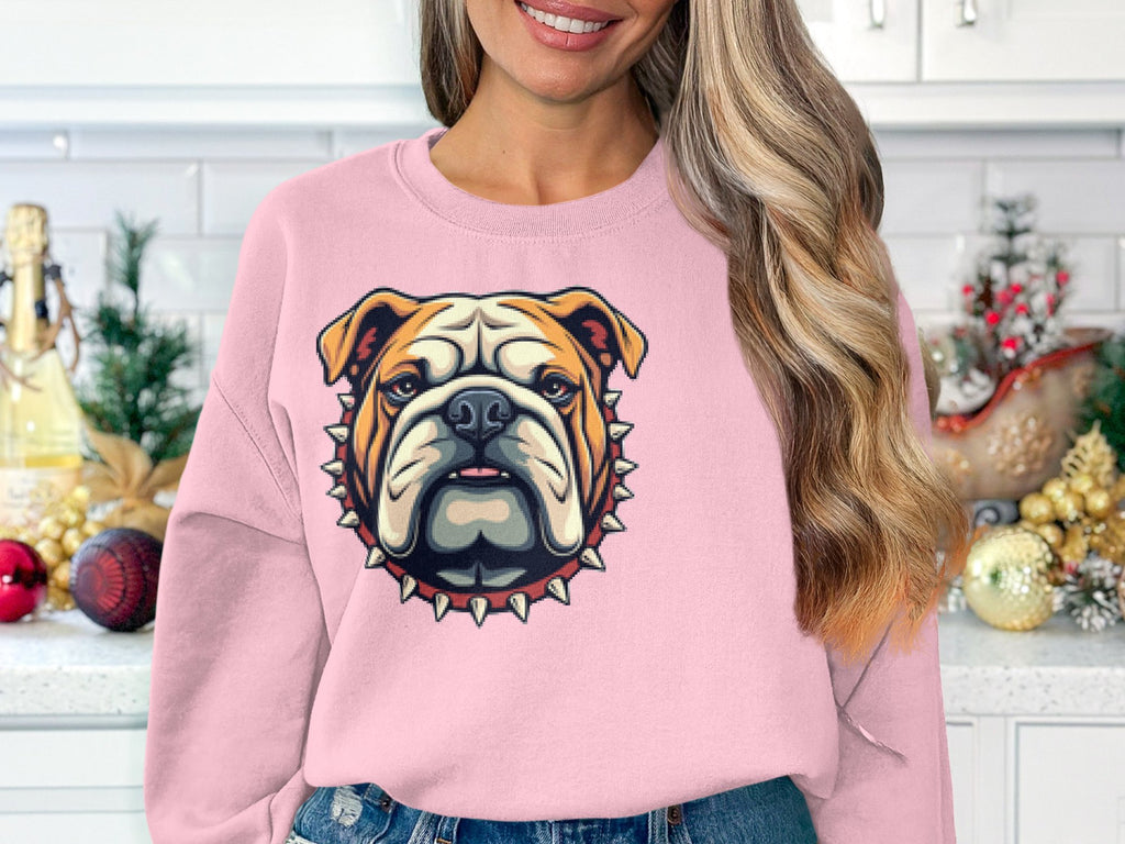 In a festive, greenery-adorned kitchen, a woman wears a Garment Graphics pink sweatshirt with a playful bulldog design. Her long, wavy hair cascades over her shoulder, enhancing the cozy scene.