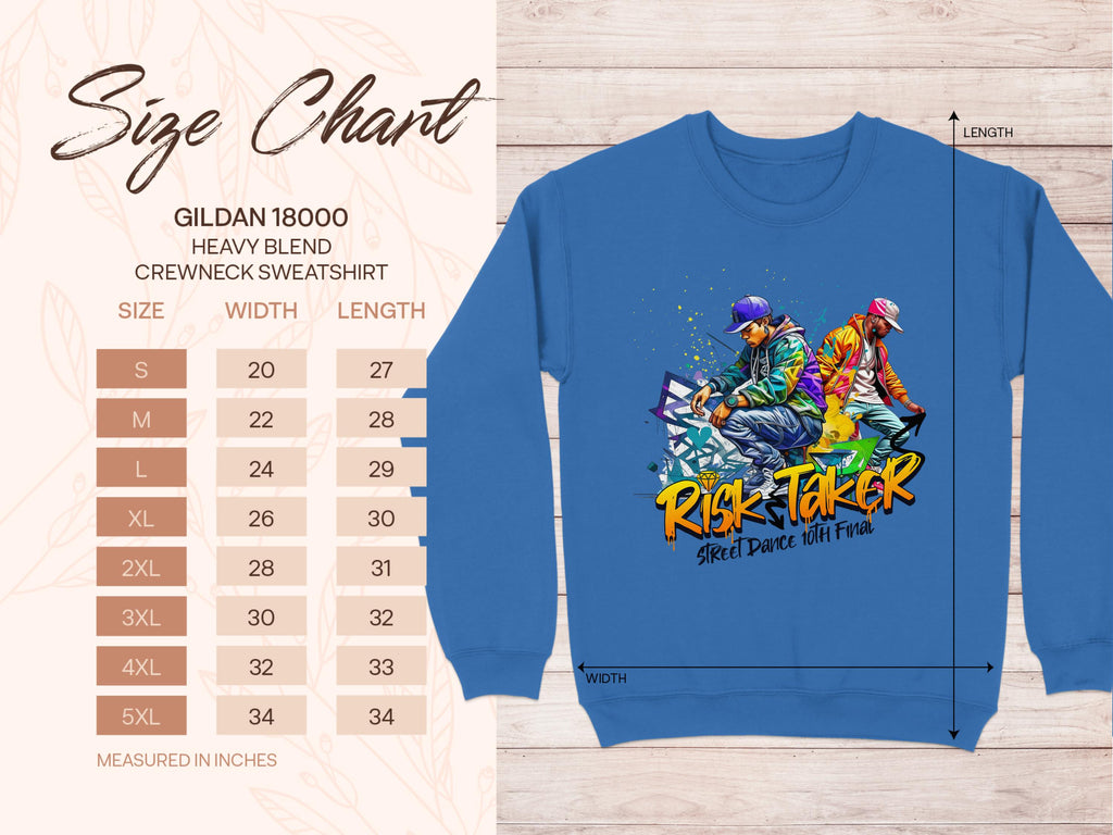The Garment Graphics blue sweatshirt showcases vibrant street dance graphics with two dancers and Risk Taker Street Dance with Flair. The Gildan 18000 Heavy Blend Crewneck offers unisex sizing from S to 5XL, catering to urban style enthusiasts.