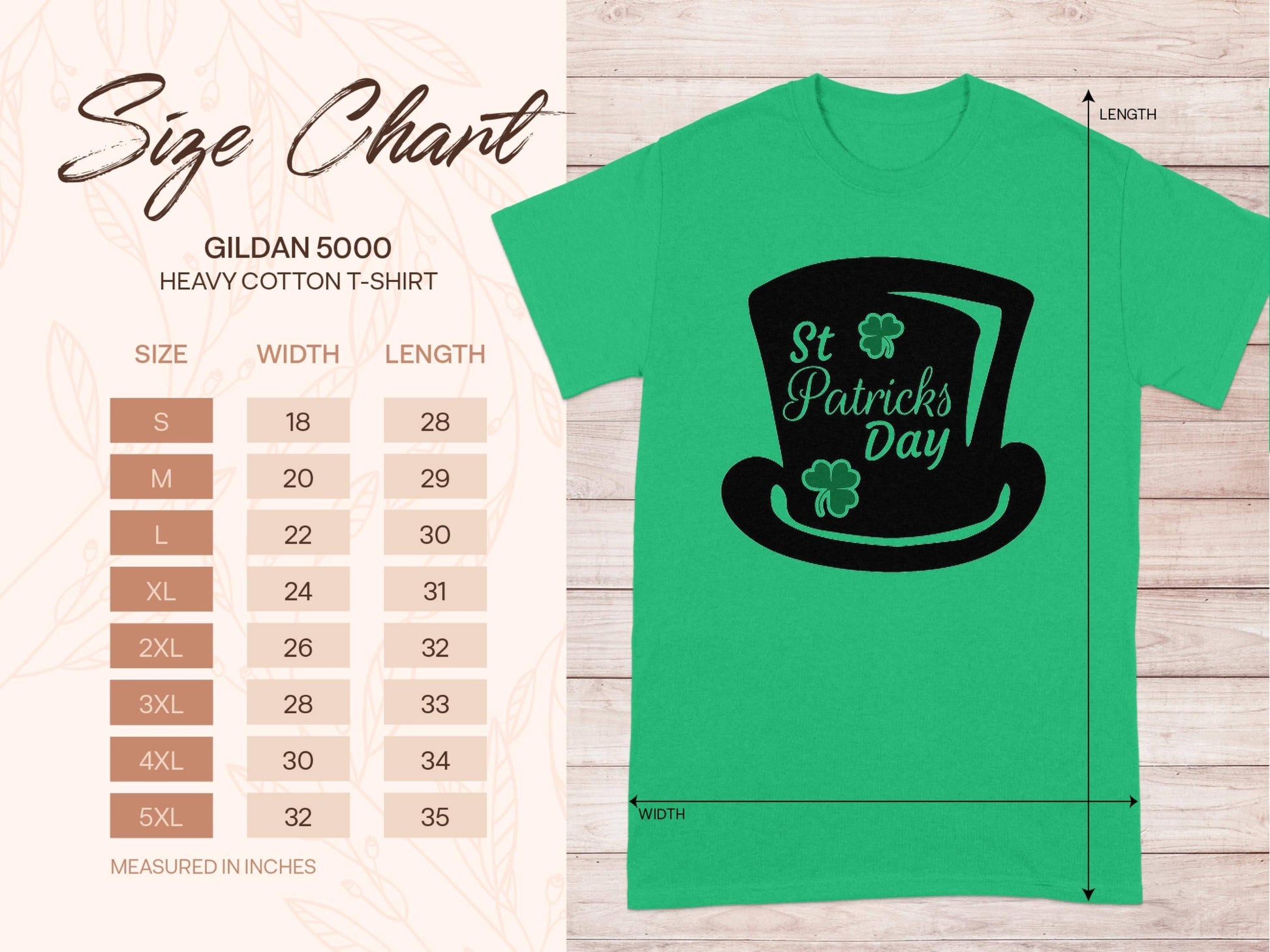 Garment Graphics offers a green T-shirt with a St Patricks Day four-leaf clover design. It includes a size chart for the Gildan 5000 Heavy Cotton T-Shirt, listing measurements from S to 5XL in inches.