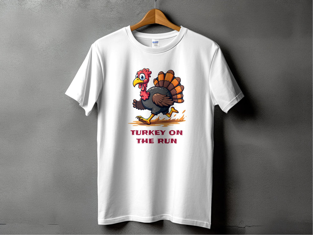 Garment Graphics presents a funny graphic T-shirt on a wooden hanger against a gray background, showcasing a cartoon turkey running with TURKEY ON THE RUN in bold red letters. Available in family sizing for all to enjoy.