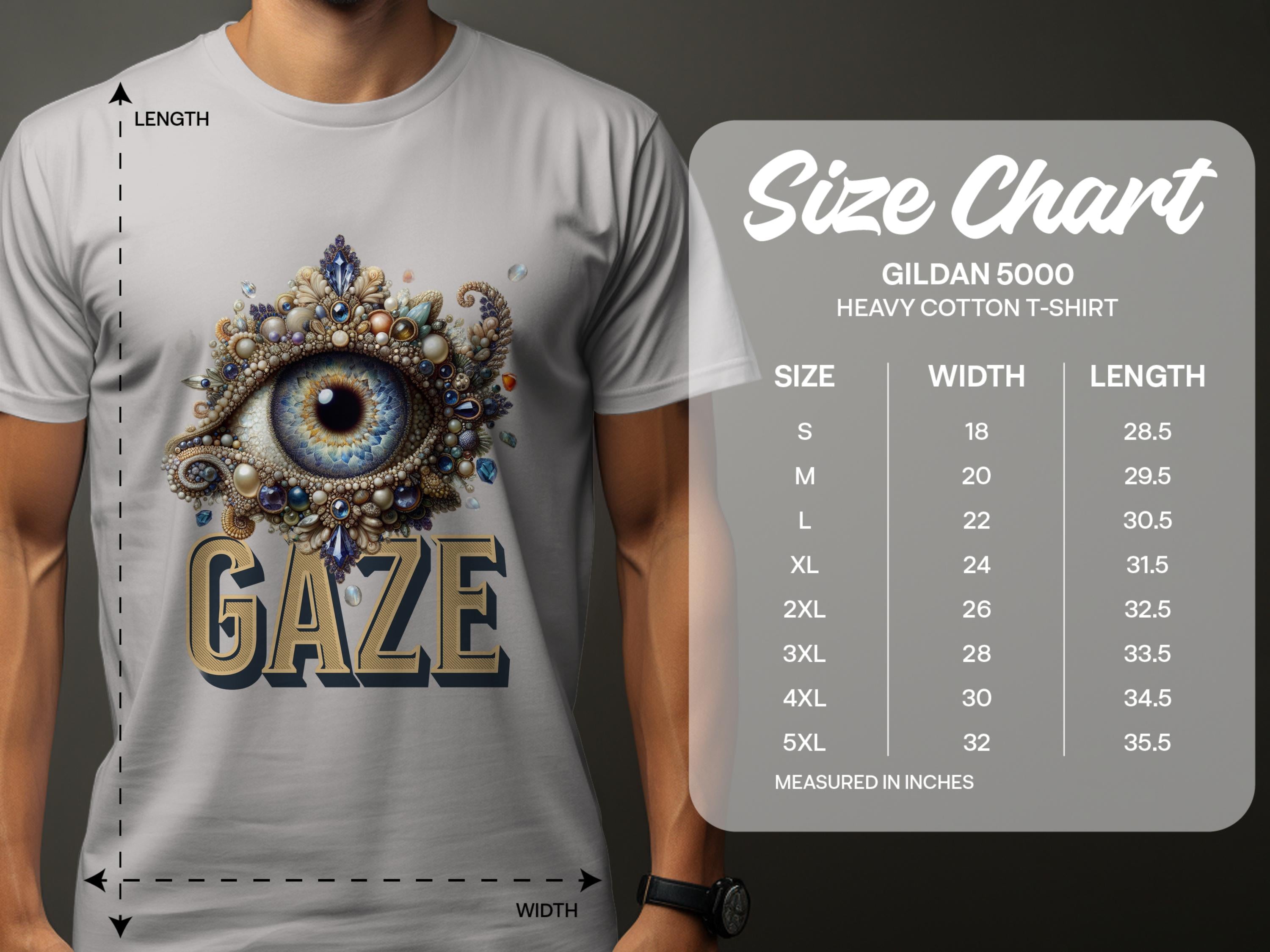 A man wears a Garment Graphics gray graphic T-shirt with a bejeweled eye design and GAZE text. Nearby, a size chart for classic-fit Gildan 5000 heavy cotton T-shirts shows sizes S to 5XL with width and length dimensions.