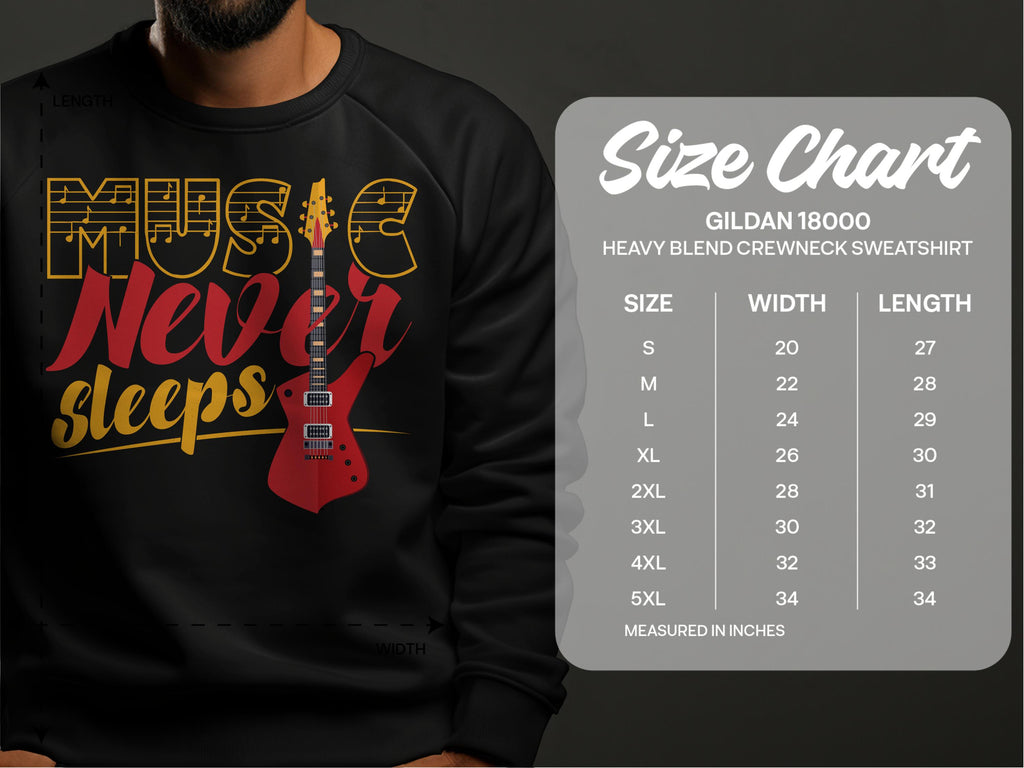 Garment Graphics offers a vibrant black sweatshirt featuring the text Music Never Sleeps and an electric guitar graphic, ideal for music lovers. It includes a size chart for Gildan 18000 sweatshirts with size, width, and length in inches from S to 5XL.