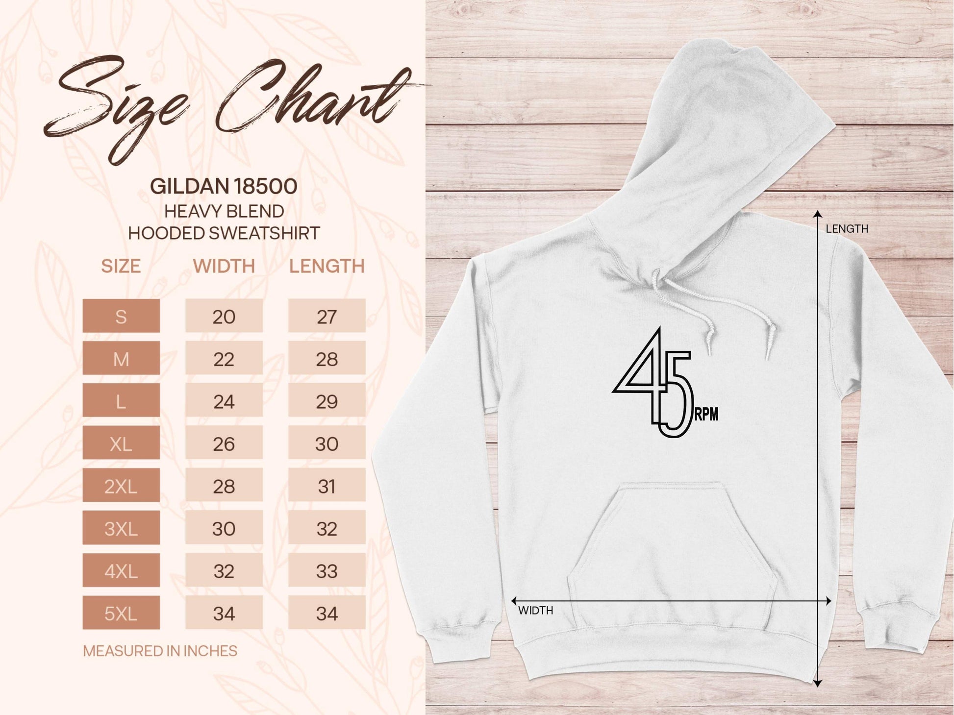 Garment Graphics offers a stylish white hoodie with 45 RPM printed on it, ideal for vinyl enthusiasts. A size chart (S to 5XL) in inches is provided. With a leaf pattern background, this retro music hoodie is both unique and fashionable.