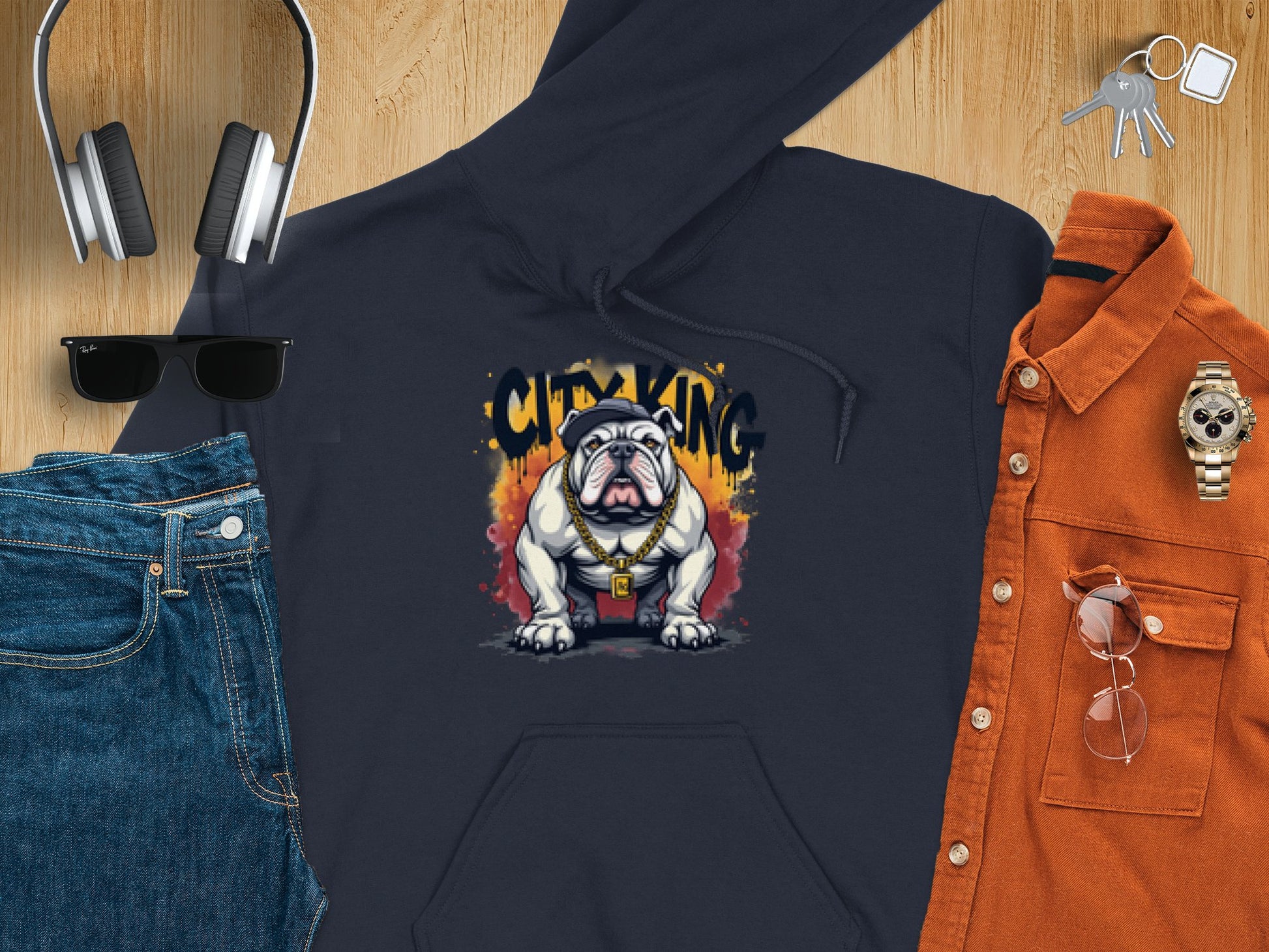 A flat lay features the urban edge style of a navy City King hoodie by Garment Graphics with a bulldog graphic. Surrounding items comprise jeans, sunglasses, headphones, keys, an orange shirt with glasses, and a watch on a wooden surface.