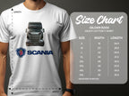 A person wears a Garment Graphics white T-shirt with a Scania truck graphic and the word Scania in blue. Ideal for truck enthusiasts, a size chart for the Gildan 5000 displays sizes S to 5XL with width and length measurements in inches nearby.