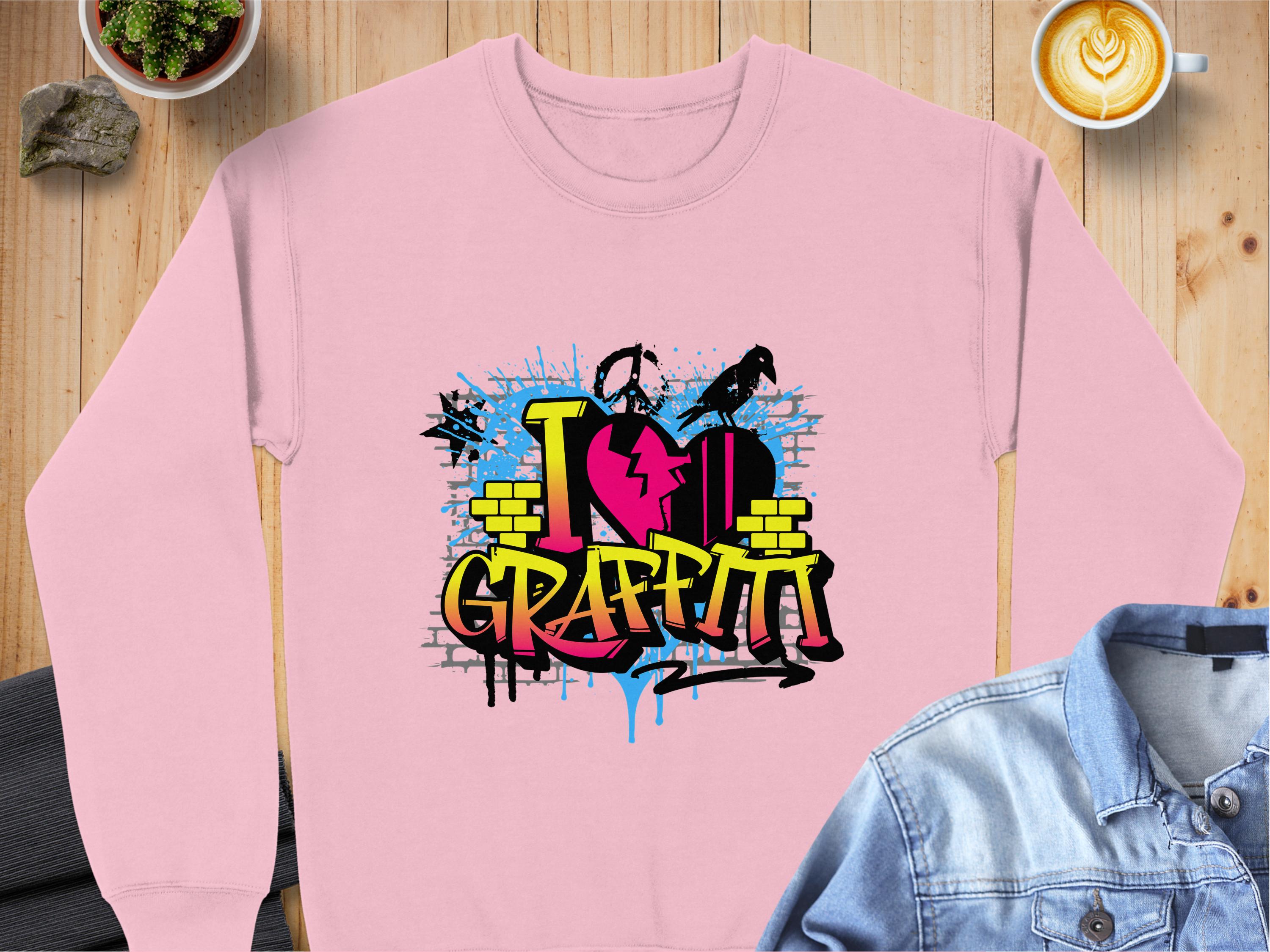 A pink Garment Graphics sweatshirt with a vibrant I Love Graffiti design featuring a heart and arrows is placed on a wooden table. Nearby are a latte, small plant, rock, and partially visible folded denim jacket.