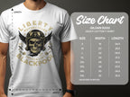 A person dons a Garment Graphics white t-shirt displaying a skull and wings with Liberty Motorcycles Specialist Blackpool text. Perfect for motorcycle fans, it exudes vintage flair. On the right, a Gildan 5000 t-shirt size chart shows sizes and measurements in inches.