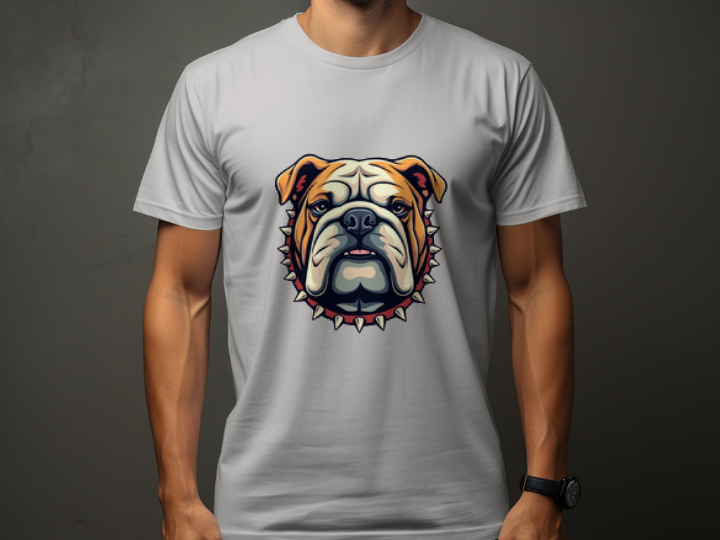 A person is wearing a stylish Garment Graphics T-shirt featuring a bulldog with a spiked collar on the chest. The gray tee stands out against the dark background and offers family sizing options.