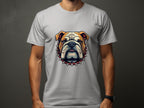 A person is wearing a stylish Garment Graphics T-shirt featuring a bulldog with a spiked collar on the chest. The gray tee stands out against the dark background and offers family sizing options.