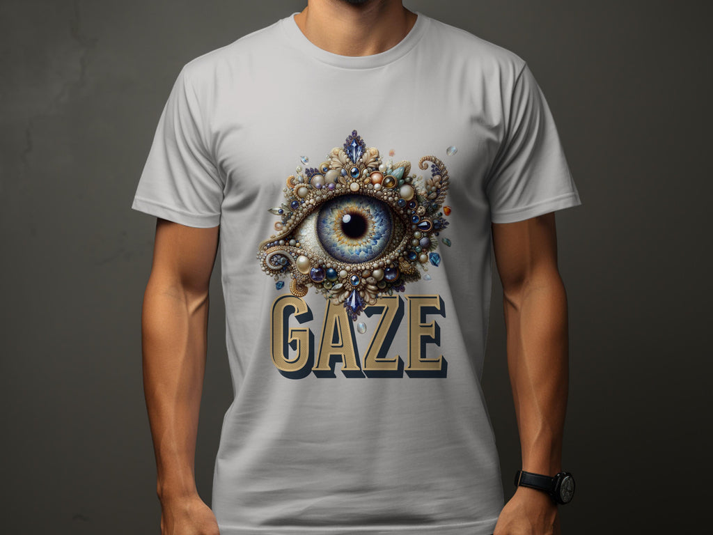 Wearing a classic fit light gray graphic T-shirt by Garment Graphics, the person features an intricate eye gaze design with ornate embellishments. GAZE is boldly printed below the eye. Complemented by a wristwatch, they maintain a neutral pose.