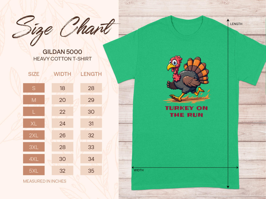 A Garment Graphics green T-shirt showcases a funny cartoon turkey with the text Turkey on the Run. On the left, a Gildan 5000 heavy cotton T-shirt size chart offers family sizing measurements in inches, from S to 5XL.