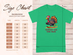 A Garment Graphics green T-shirt showcases a funny cartoon turkey with the text Turkey on the Run. On the left, a Gildan 5000 heavy cotton T-shirt size chart offers family sizing measurements in inches, from S to 5XL.