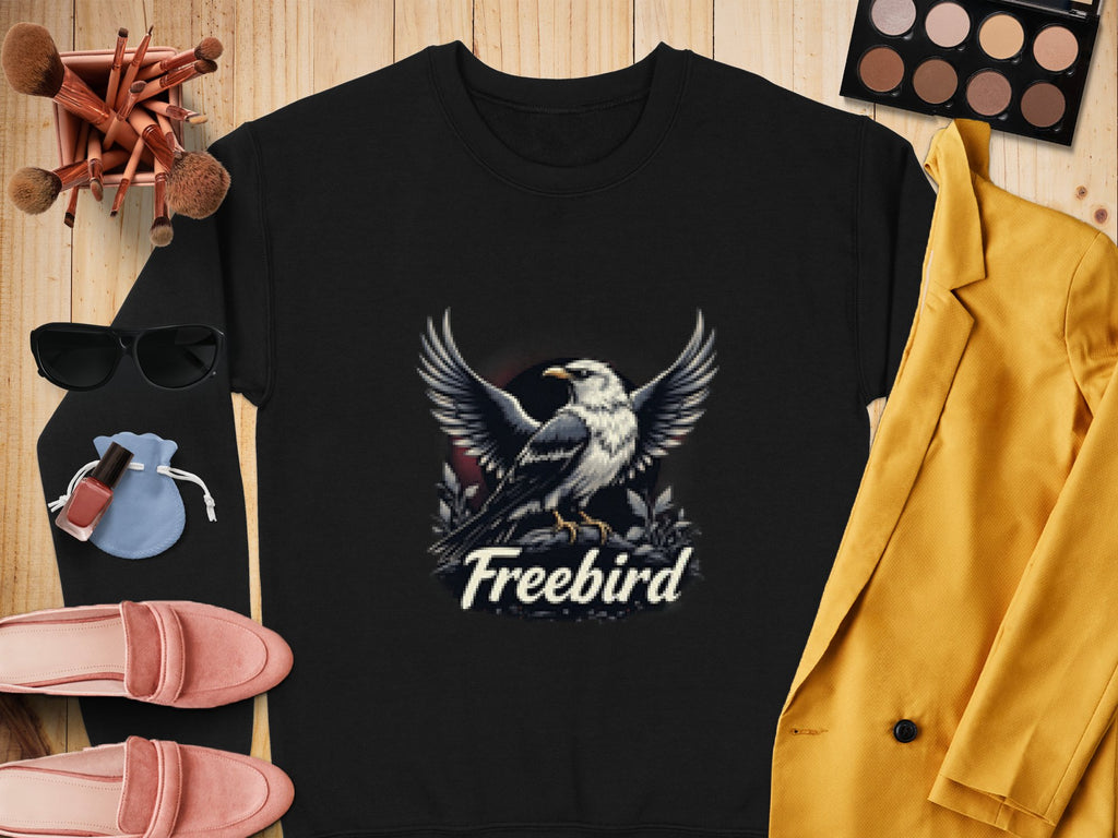 A Garment Graphics black shirt with a Freebird eagle design is paired with a yellow blazer, pink shoes, sunglasses, makeup brushes and palette, and lip products on wood. Its unisex sizing offers wardrobe versatility.