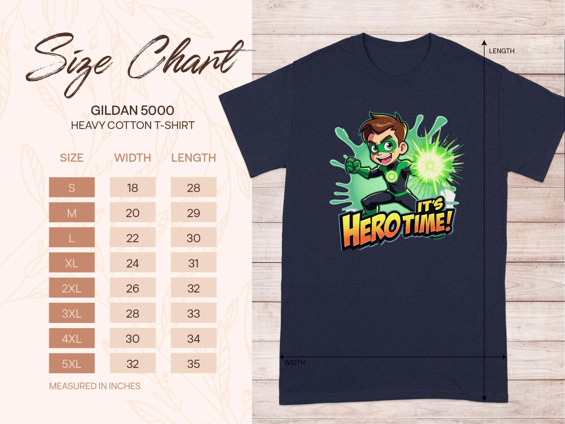 Explore our size chart for Garment Graphics 5000 Heavy Cotton T-shirts, offering family sizing from S to 5XL with detailed inch measurements. Featuring a vibrant superhero graphic print, this shirt showcases a cartoon character with the slogan Its Hero Time!.