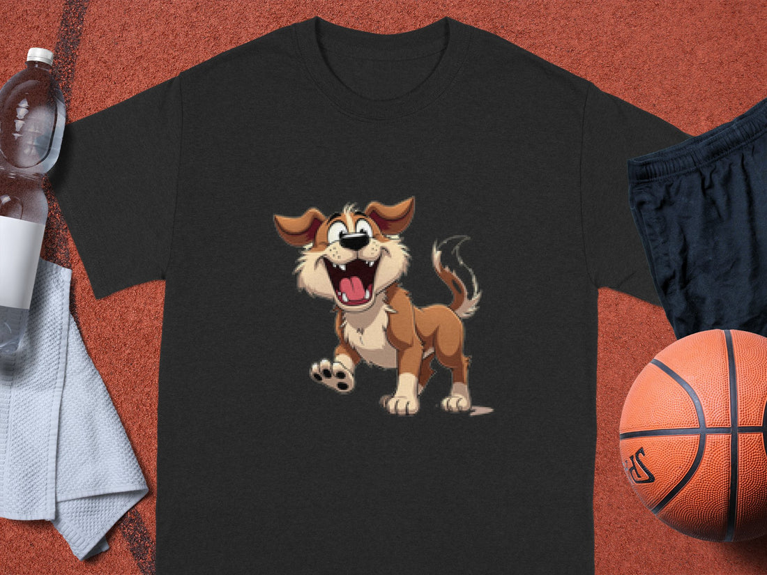A dog lover wearing a Garment Graphics white T-shirt with a cartoon brown and white dog, expressing joy with a wagging tail, enjoys the sandy beach. A grassy field extends to the shoreline in the background.