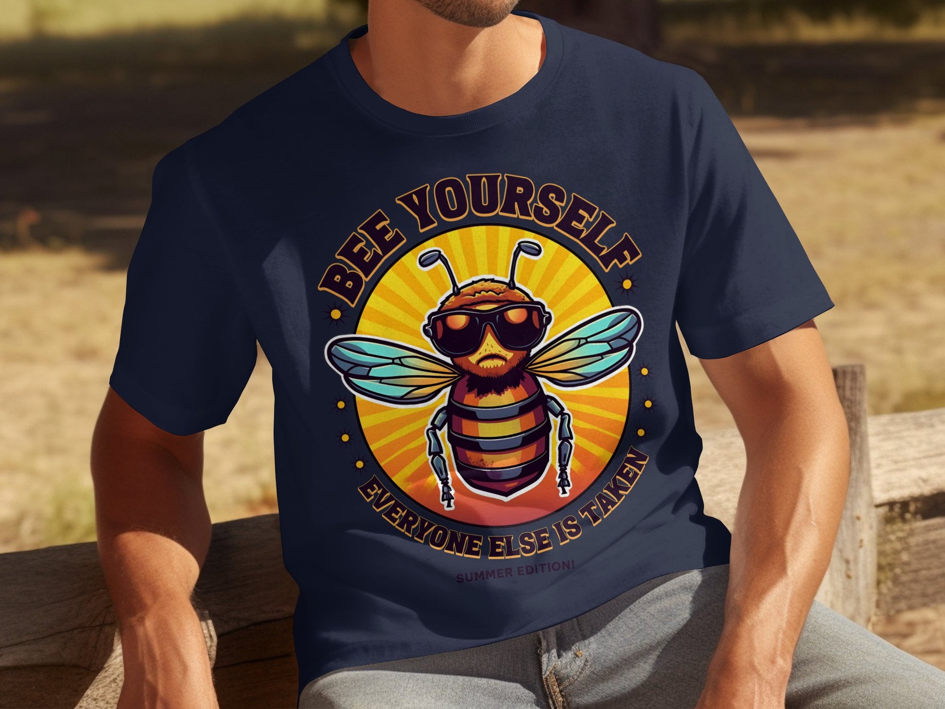 A person on a wooden bench sports Garment Graphics navy t-shirt displaying a cool bee with sunglasses and the phrase Bee Yourself, Everyone Else Is Taken, Summer Edition against an orange-yellow gradient circle pattern. Enjoy this design in family sizing for all.