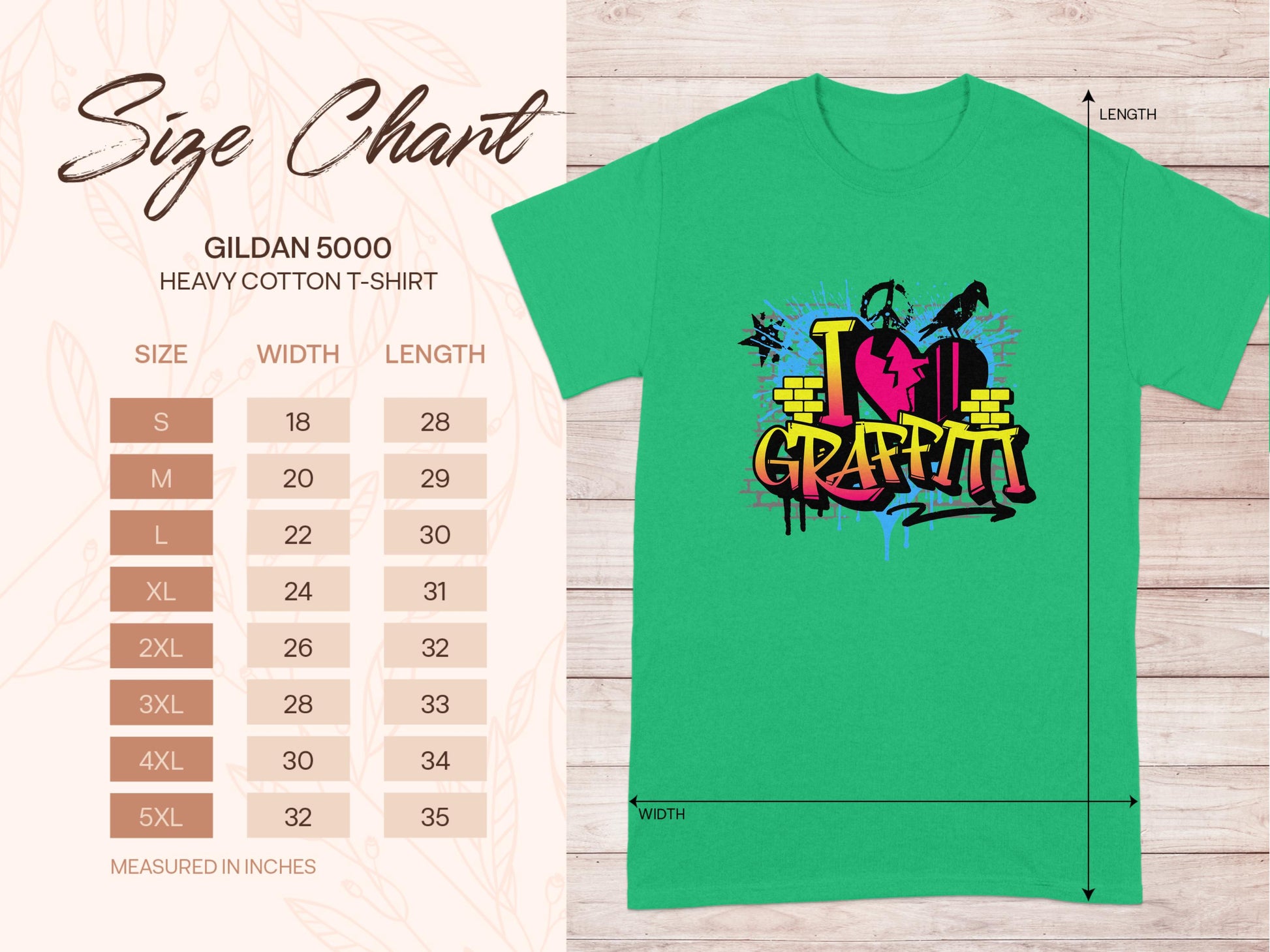 The size chart for Garment Graphics Gildan 5000 heavy cotton T-shirts, ranging from S to 5XL with width and length in inches, is displayed beside a green T-shirt featuring graffiti-inspired love designs and street art elements like paint cans and spray paint.