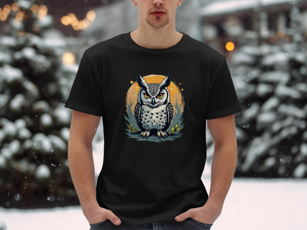 A man dressed in a Garment Graphics black T-shirt featuring an owl graphic stands amidst a snowy landscape, exuding artistic flair in the serene setting.