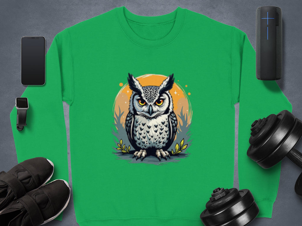 A unisex green sweatshirt by Garment Graphics showcases an illustrated owl on an orange circle. Nearby, youll find a smartwatch, smartphone, earbuds, portable speaker, sports shoes, and adjustable dumbbells on a gray surface.