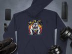 Garment Graphics navy blue hoodie with Graphic Bulldog Design and CITY KING text at the center is ideal for casual wardrobes, showcased with a smartphone, portable speaker, smartwatch, shoes, and dumbbells on a gray background.
